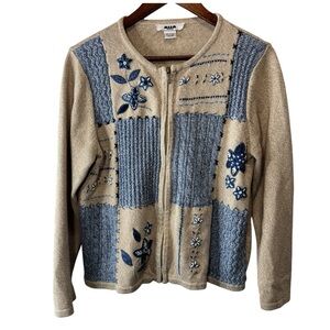 Alia Petites Embroidered Beaded Floral Cottagecore Full Zip Cardigan Size Medium